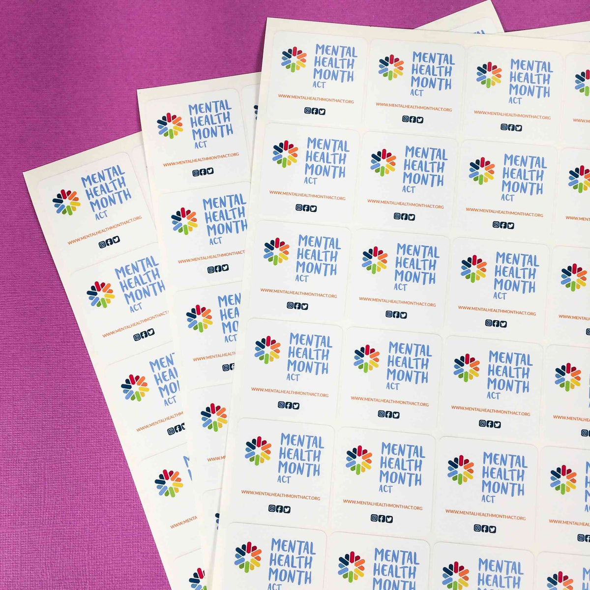 Mental Health Month ACT square sheet label stickers. 