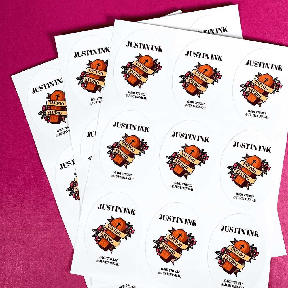 Tattoo artist studio oval sticker labels.