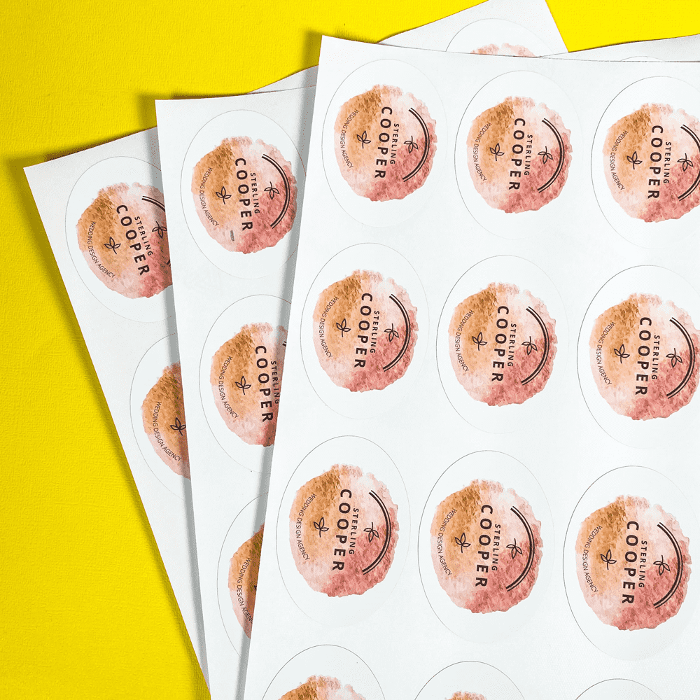 Wedding event organiser oval label stickers on a sheet.