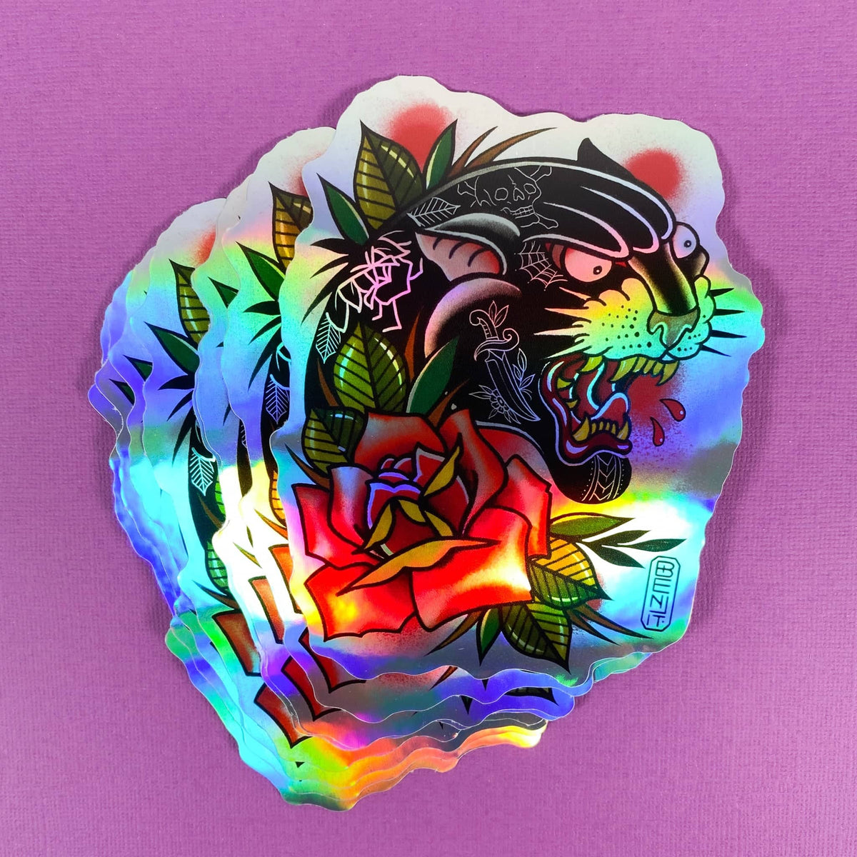 Jaguar and rose holographic stickers